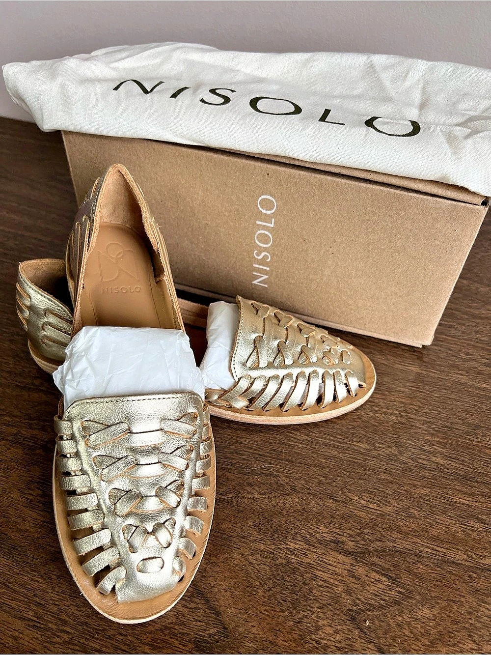 Nisolo Womens Huarache 2.0 Size 6.5 Gold Metallic Leather Woven Sandals New